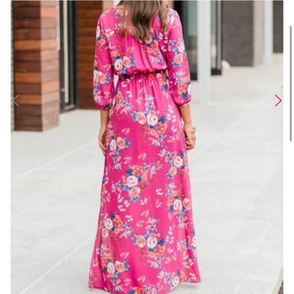 Pink Lily Boutique | Floral Maxi Dress V-neck Side Slit Berry Red Small - Picture 3 of 10